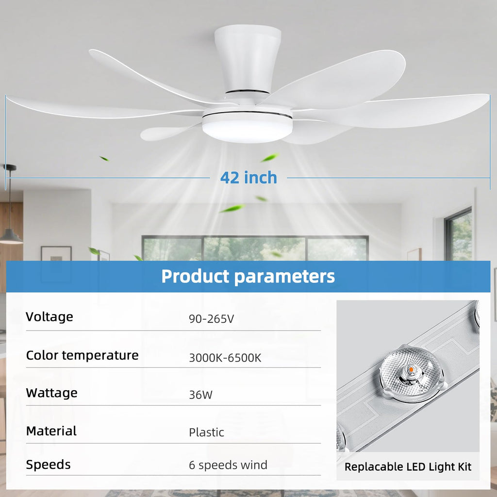RIENAZA 42" Ceiling Fans with Lights-Low Profile Ceiling Fan with Light and Remote Control,Flush Mount,DC Reversible,LED Dimmable Modern Ceiling Fans for Bedroom,Indoor/Outdoor Patio Use(White)