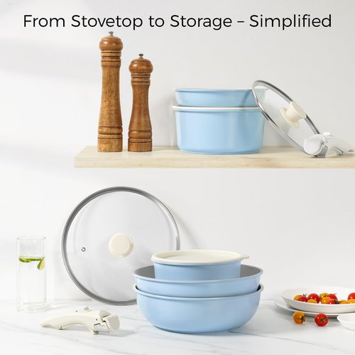 SODAY 15Pcs Pots and Pans Set Non Stick, Cookware Sets with Detachable Handle, Nonstick RV Kitchen Cooking Tools Removable Handles, Oven Safe, Induction Fast, Stackable Induction Cookware, Blue