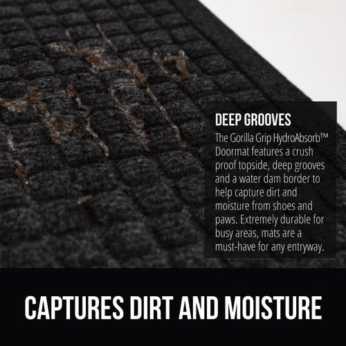 GORILLA GRIP® Ultra Absorbent Front Door Mat - Traps Dirt & Moisture, 29x17 Black, Stain & Fade Resistant