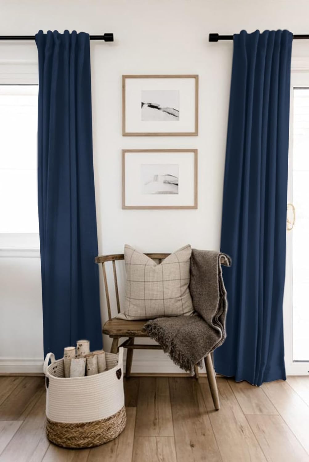 Skiennix 100% Blackout Linen Curtains - Thermal Insulated Drapes for Bedroom | 50" W x 96" L, Midnight Blue