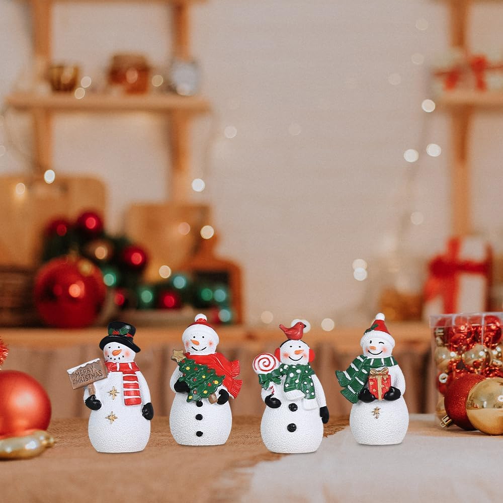 MEETYAMOR Christmas Snowman Ornaments - 4 PCS Rustic Resin Figurines for Indoor Decor | Farmhouse Style