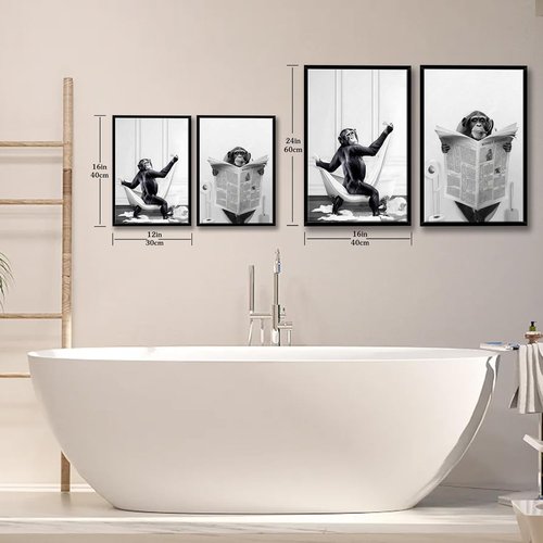 Funny Monkey Painting Poster - Framed Black and White Canvas Art | 12" x 16" for Kids' Bathroom Decor