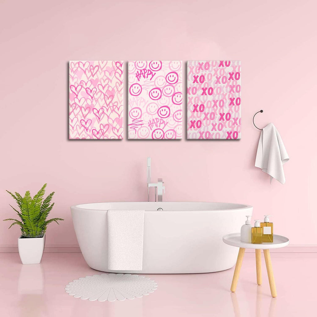 Simplicity Pink Wall Art Set of 3 - Heart Shaped Doodle Smiley XO | Modern Canvas Prints for Girls' Bedroom - Framed 12x16 Inch