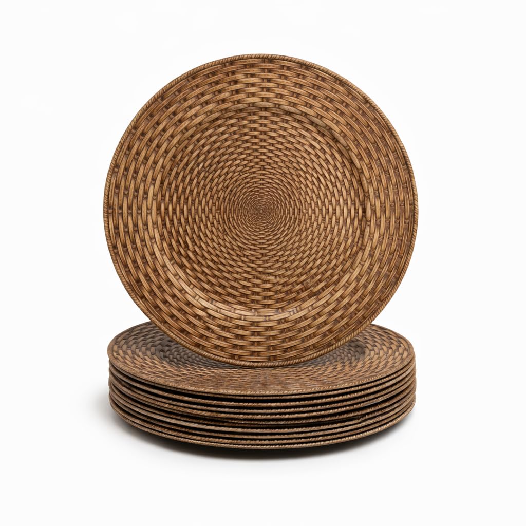osgevei 13in Charger Plates Set of 12- Faux Rattan Chargers for Dinner Plates- Brown Round Plastic Plate Charger- Farmhouse Rustic Table Charger for Wedding, Party,Halloween, Thanksgiving, Christmas
