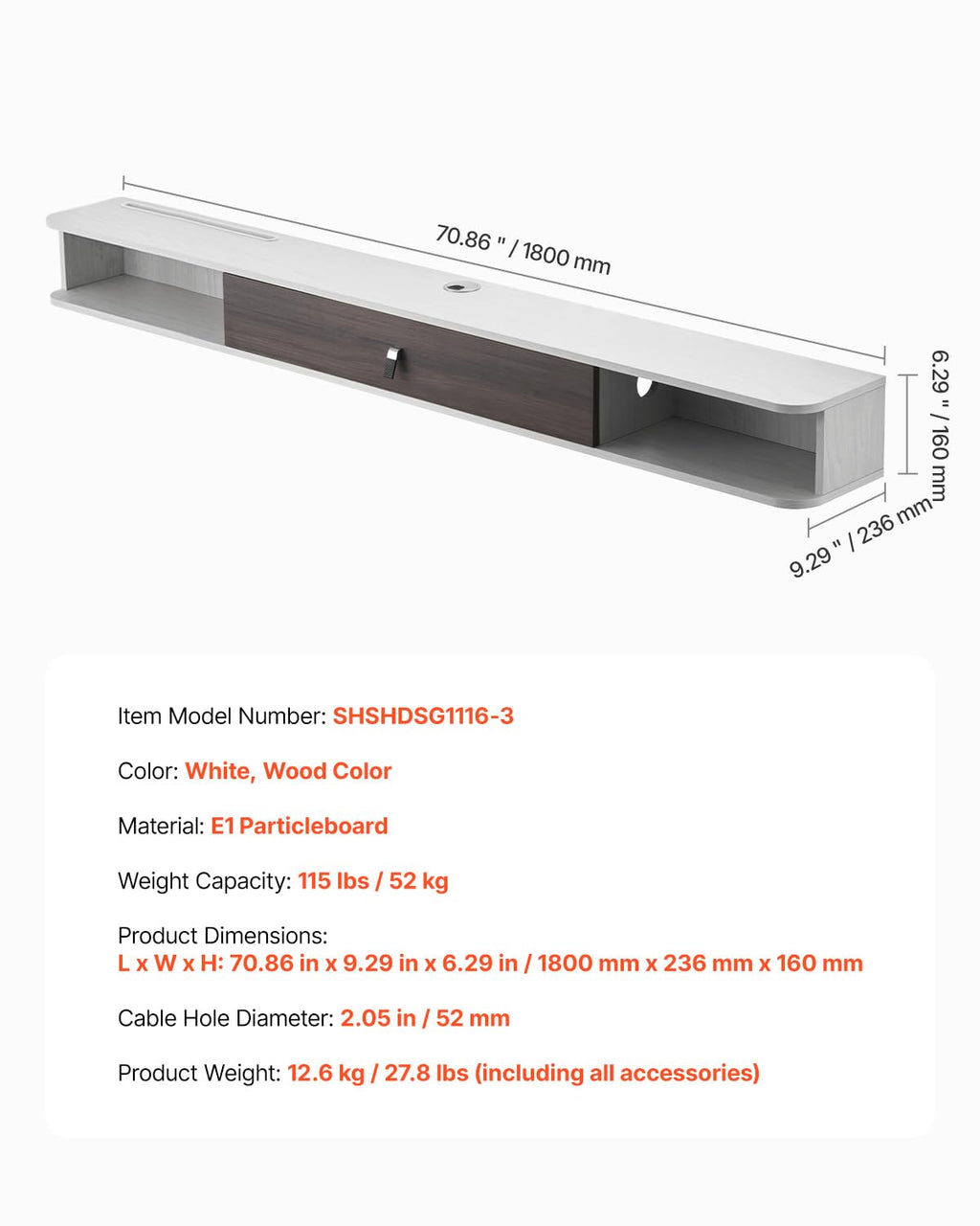 VEVOR Modern Floating TV Stand, 71'' Wall Mounted Media Console for 80 inch TVs, Floating Entertainment Center Under TV Shelf with Storage Cabinet for Bedroom & Living Room, White