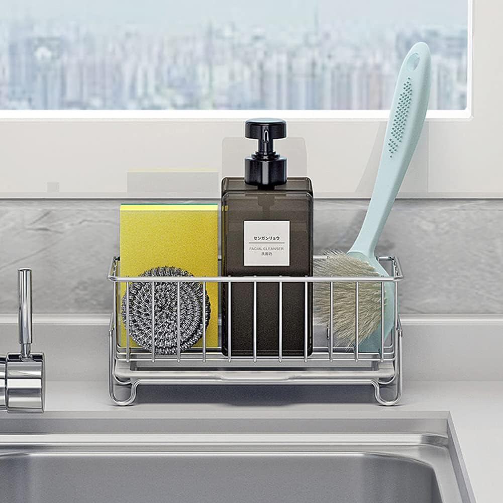 Skiennix Kitchen Countertop Sponge Holder - SUS 304 Stainless Steel Dish Soap Organizer | Durable Caddy for Cleaning Tools