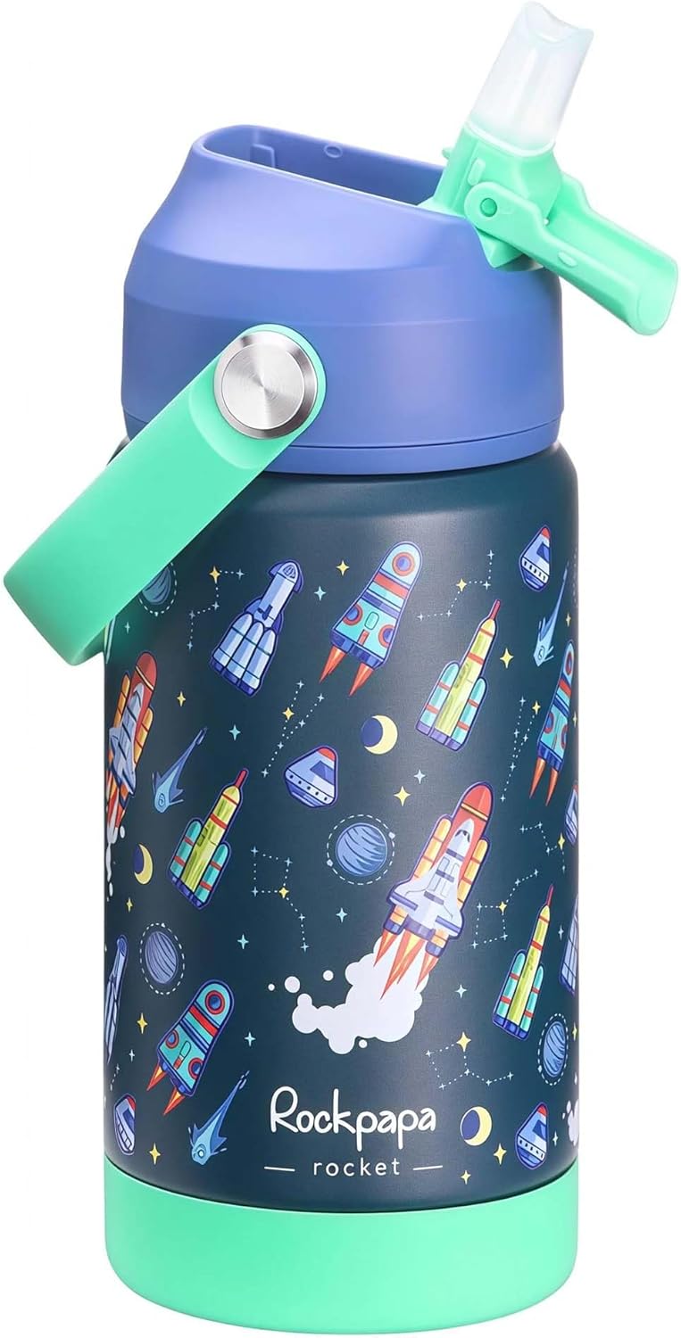 Rockpapa 14 Oz Kids Insulated Water Bottle - Stainless Steel, BPA Free, Leak-Proof | Blue Rocket Design