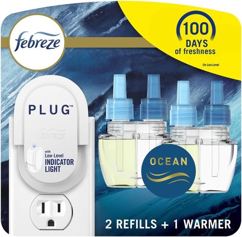 Febreze Plug-In Air Freshener Starter Kit - Ocean Scent, Long-Lasting Odor Control | Includes Warmer + 2 Refills