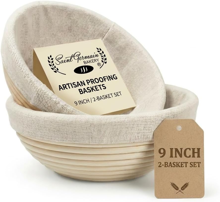 Saint Germain Bakery Premium Round Bread Banneton Basket - Set of 2 | 9" with Liner for Perfect Dough Rising