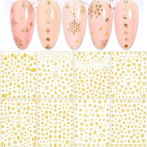 Gold Snowflake Nail Art Stickers 8 Sheets 3D Christmas Decals