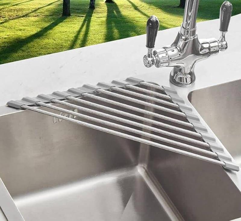 Triangle Dish Drying Rack - Roll Up Folding Stainless Steel Mat for Sink Corner - Gray