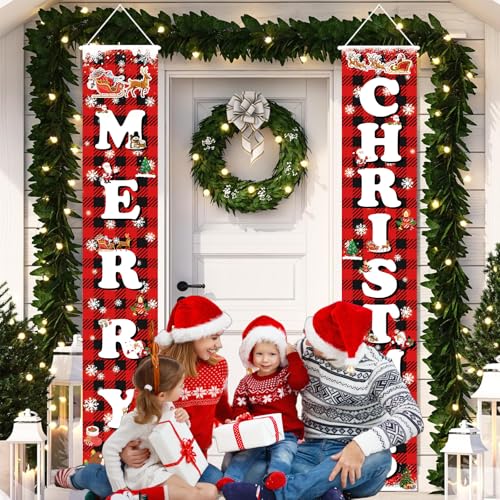 Outdoor Christmas Yard Sign Set with Buffalo Plaid Door Banner - Red