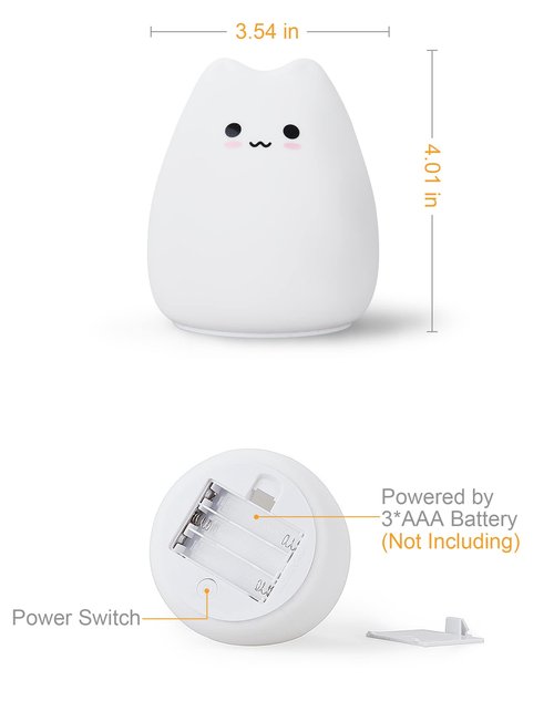 Lueudu LED Cat Night Light, Battery Powered Night Light for Kids, Silicone Multicolor Cute Lamp with Warm White and 7-Color Breathing Mode, Christmas Gifts for Kids, Baby, Children, Lady (Cute Cat)