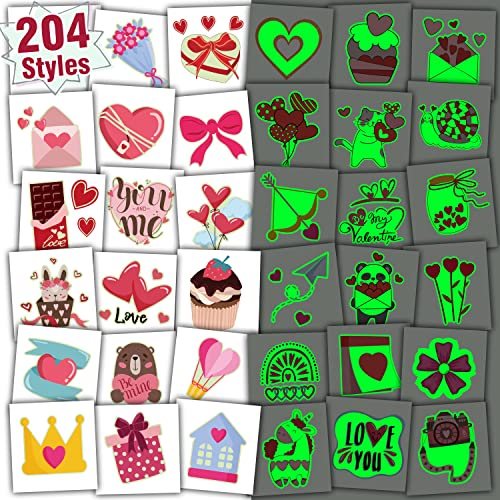 Glow Valentine's Day Temporary Tattoos for Kids Classroom Favors (204 Sheets)