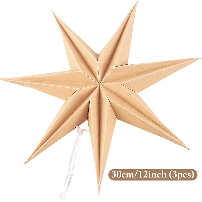 Christmas 12in 7-Pointed Natural Paper Star Hanging Decoration Set - 3 Warm Holiday Ornaments (Variation: Hot Brown Stars)