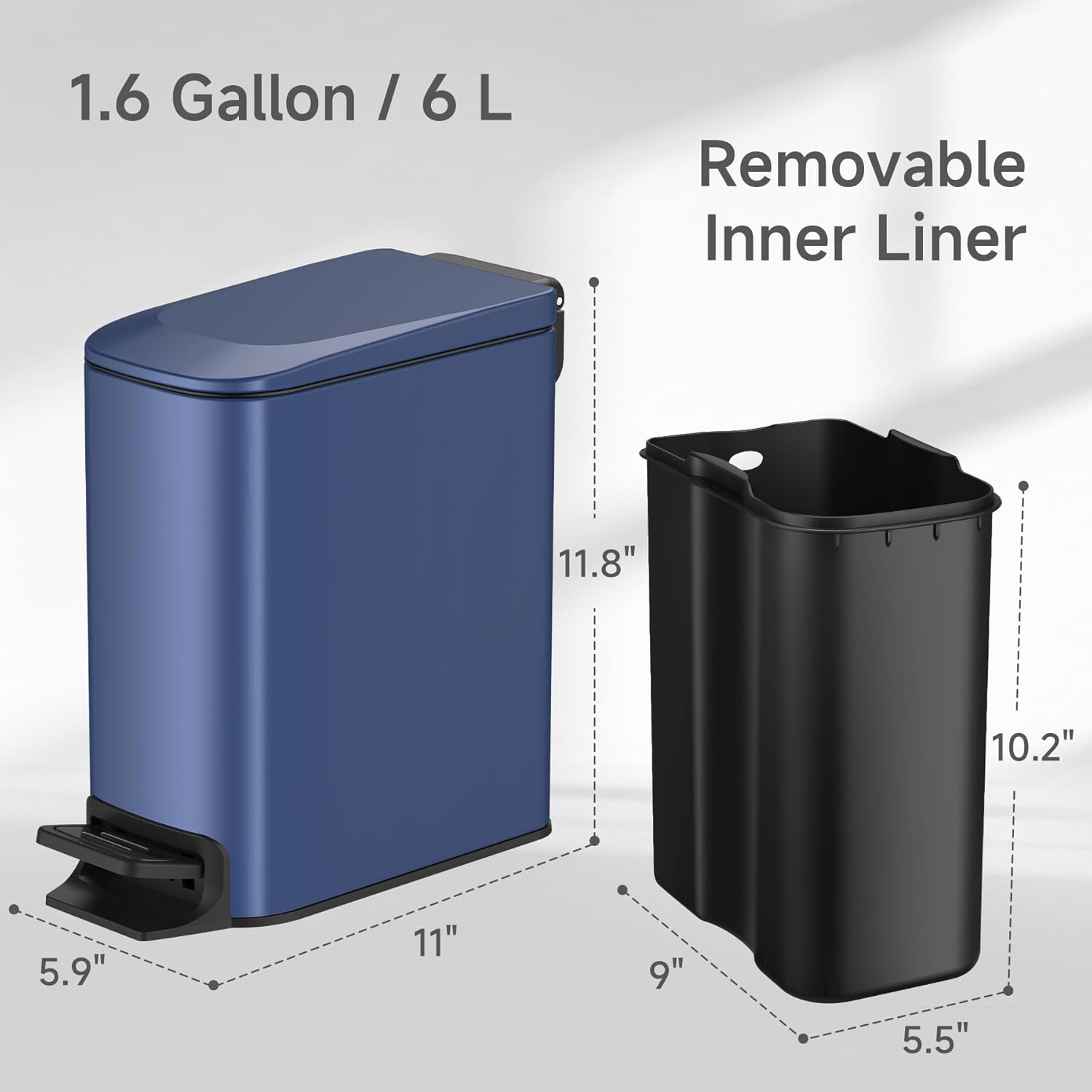 TIPGO Slim Bathroom Trash Can - Soft Close Lid & Step Pedal - 6L Stainless Steel Bin in Navy Blue
