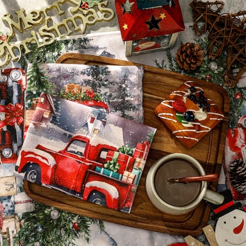 Christmas Kitchen Towels Red Truck Winter Decor - 6 Pcs with Variation Warm/Truck