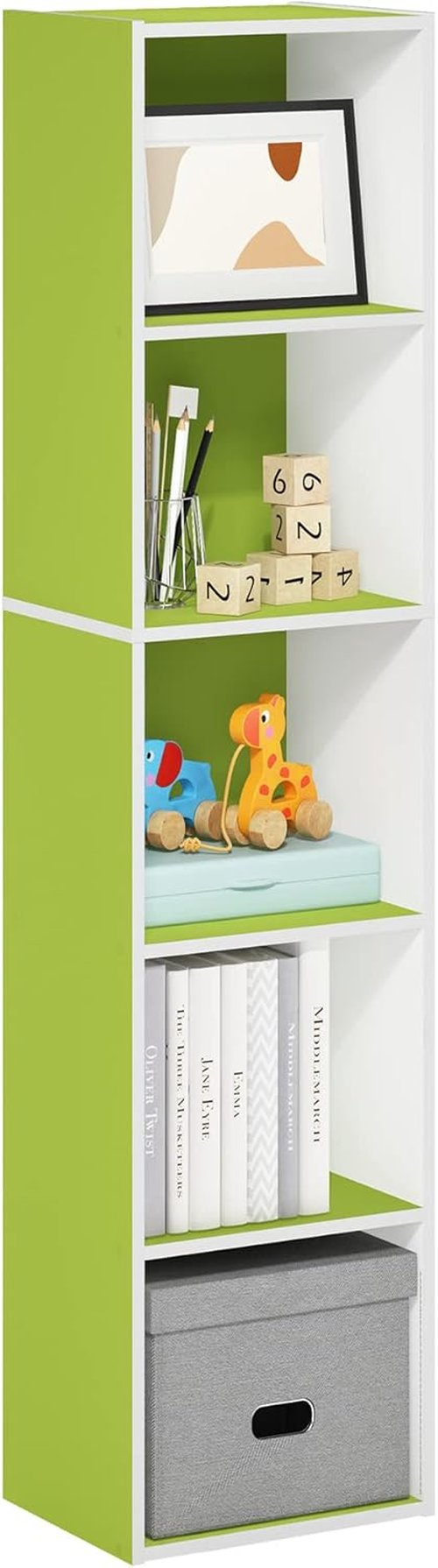 Furinno PASIR 5-Tier Modern Bookshelf - Easy Assembly Open Shelves | Green & White, 9 x 12 x 52 Inches