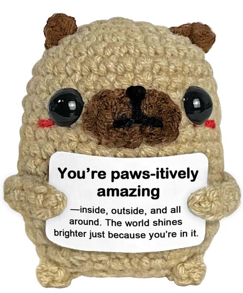 Krinisou Pug Gifts for Pug Lovers, Cute Positive Animals Crochet Dog Decor, Encouragement Inspirational Appreciation Thank You Gift for Friends, Coworkers, Women, Men