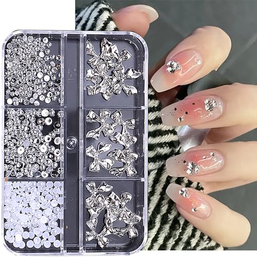 LYLYNB 3D Metal Bow Nail Charms with Pearls and Rhinestones - 6 Grid Box