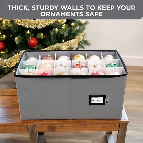 Christmas Ornament Storage Container - Large Zippered Organizer Bin with Dividers for 54 Ornaments | Adjustable Grey Design