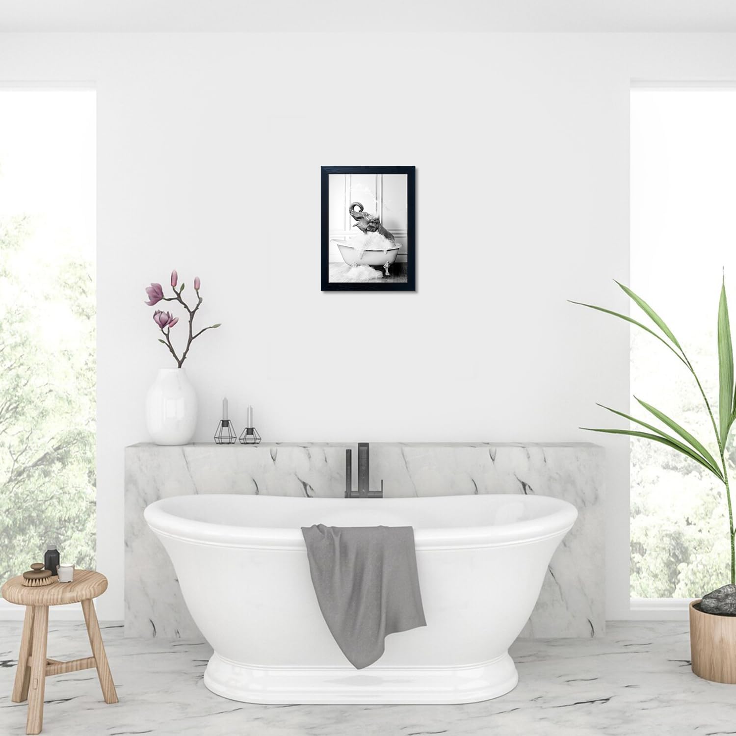 Regine Switzerland Elephant in Bathtub Canvas Print - Funny Black & White Bathroom Wall Art