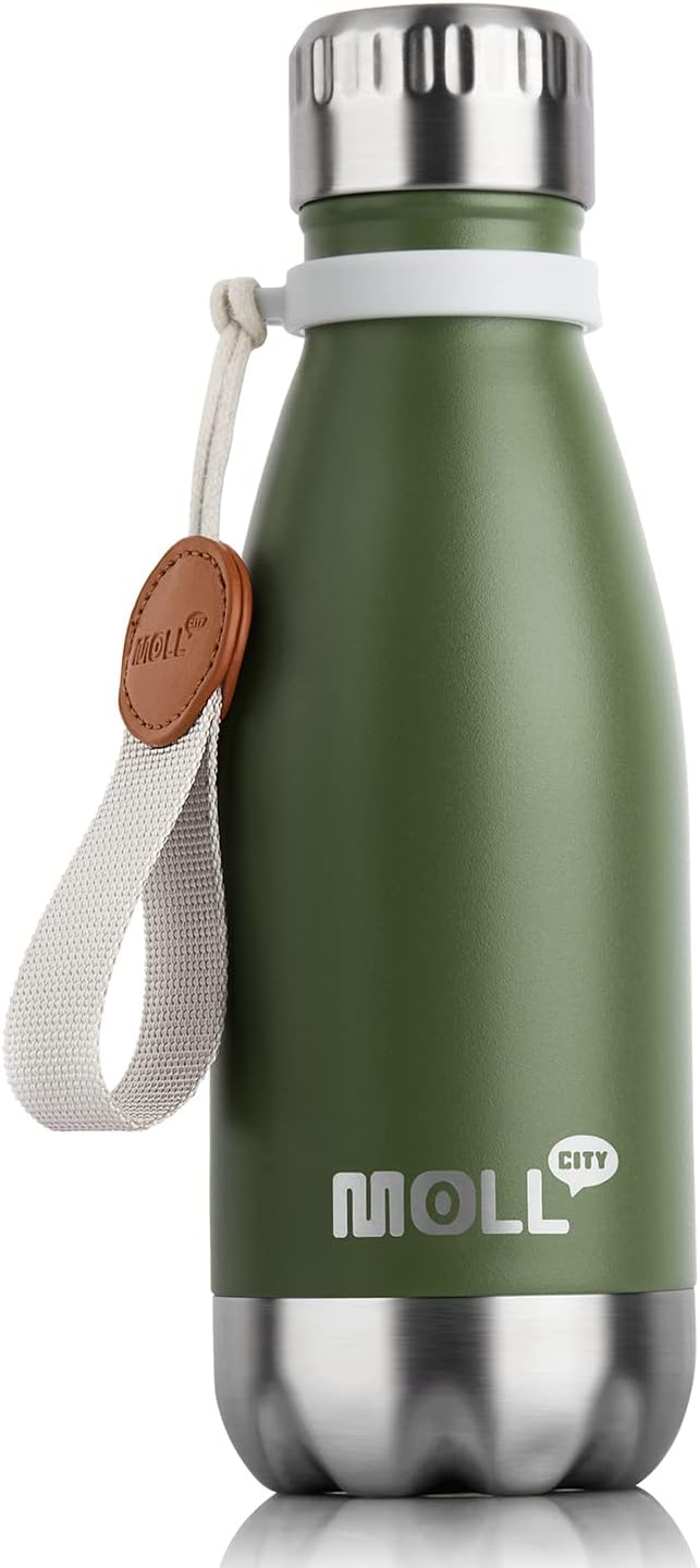 Skiennix Small Water Bottle - 9 oz Stainless Steel Insulated Vacuum Bottle | Leak-Proof Cola Shape for Kids (Grass Green)