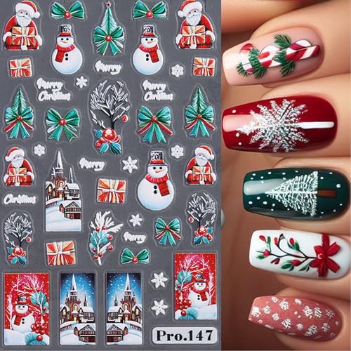 TailaiMei Christmas Nail Decals Stickers - 3 Sheets Self-Adhesive Santa Snowman Holiday Nail Art Decorations