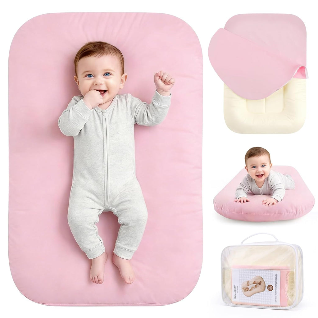 Skiennix Infant Support Cushion - Portable Baby Lounger & Tummy Time Mat, Soft Cotton, Waterproof, Pink