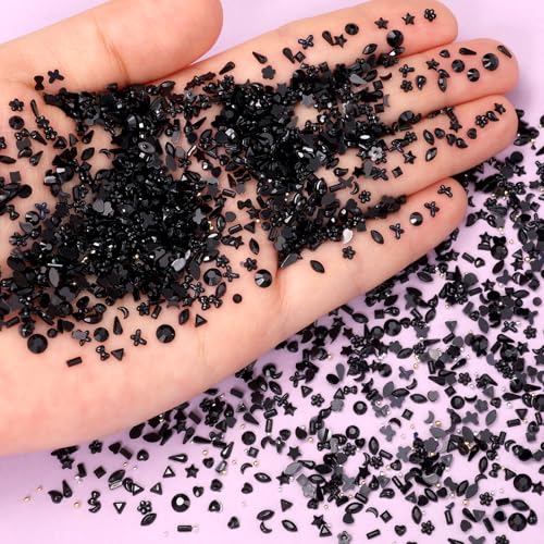 Black Nail Rhinestones 3000 Pcs Multi Shapes 3D Nail Gems Charms