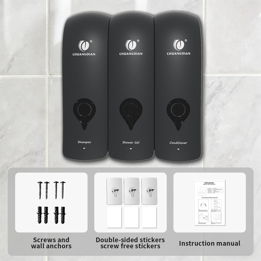 CCITOW Shampoo Conditioner Body Wash Dispenser, Wall-Mounted Bathroom Soap Dispenser Set of 3 (Black), Refillable Shower Soap Shampoo Dispenser for Bathroom,Kitchen,Hotel and Airbnb