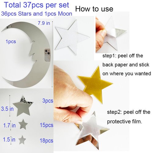 37pcs 3D Moon and Stars Silver Acrylic Wall Stickers with Adhesive Art Decal Satin Paper Baby Kids Bedroom Home DIY Decor Removable Stickers (Moon and Stars)