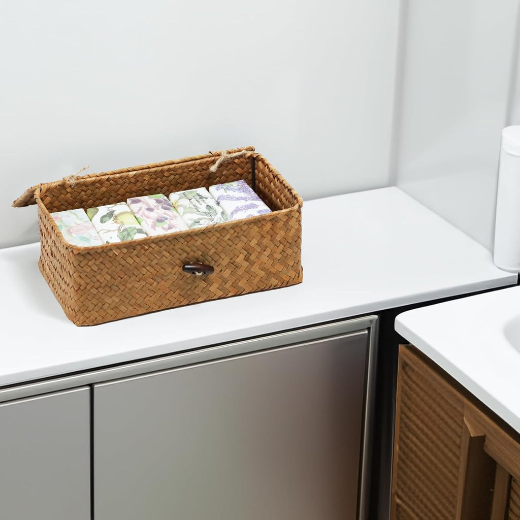 Wicker Storage Basket - Natural Seagrass Organizer with Lid | Rectangular Decorative Bin for Home