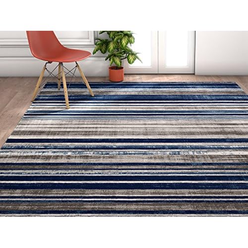 Well Woven Amba Signature Modern Distressed Geo Stripes Blue Area Rug 3'11" x 5'3"
