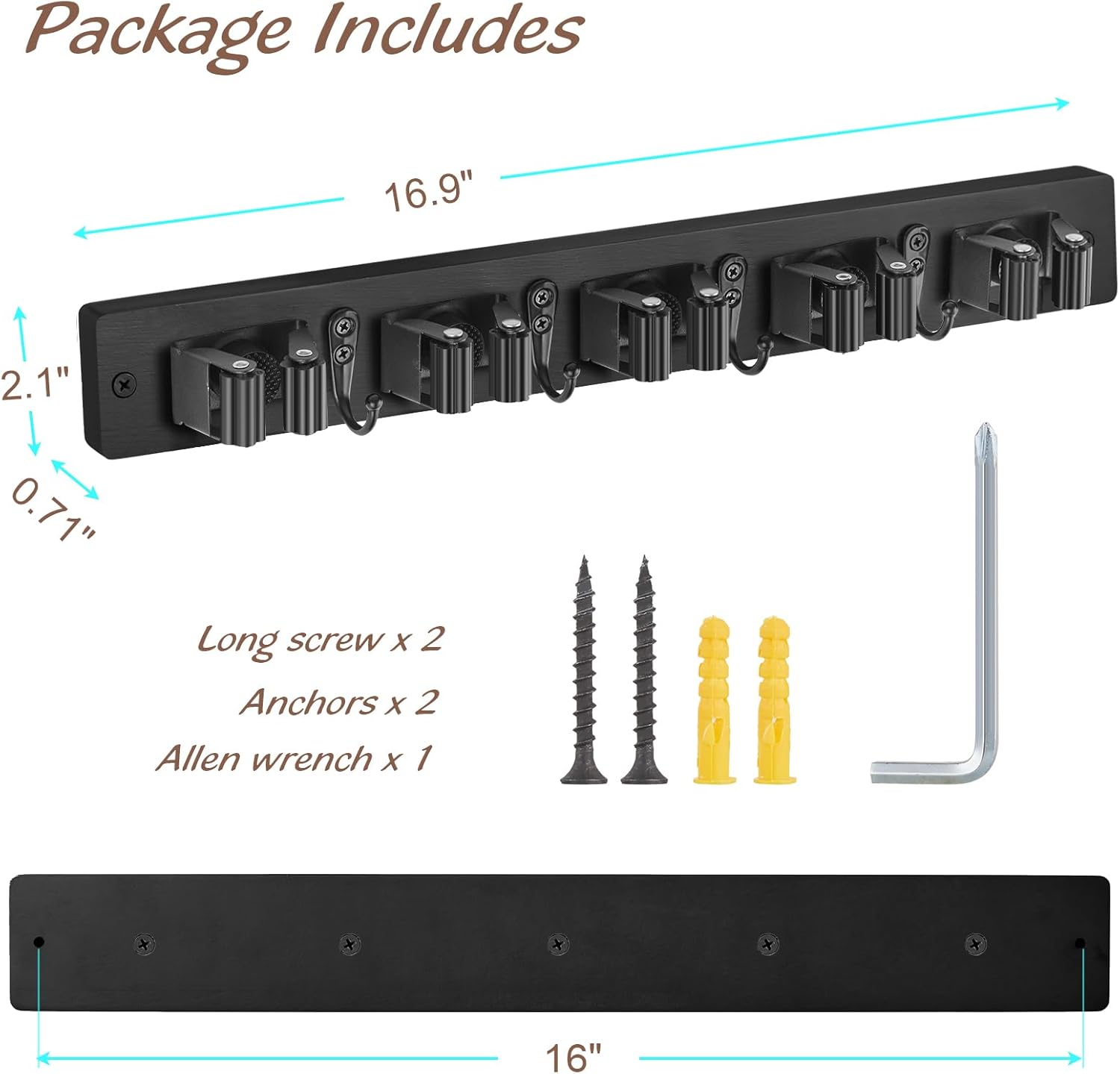 OUTNILI Mop and Broom Holder Wall Mount - Black Tool Organizer with 5 Slots & 4 Hooks for Garage, Kitchen, Laundry