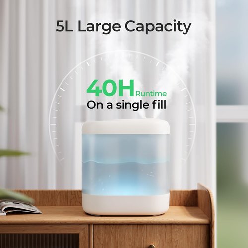 Homvana Humidifier - 5L Top Fill Cool Mist for Bedroom & Plants | Quiet 40H Runtime, Easy to Clean