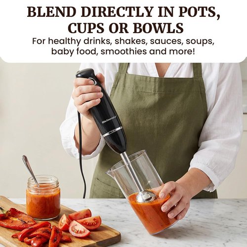 Elite Gourmet EHB1015 Immersion Hand Blender 500 Watts 2 Speed Mixing with Stainless Steel Blades, Detachable Wand Stick Mixer, Smoothies, Baby Food, Soup, Black