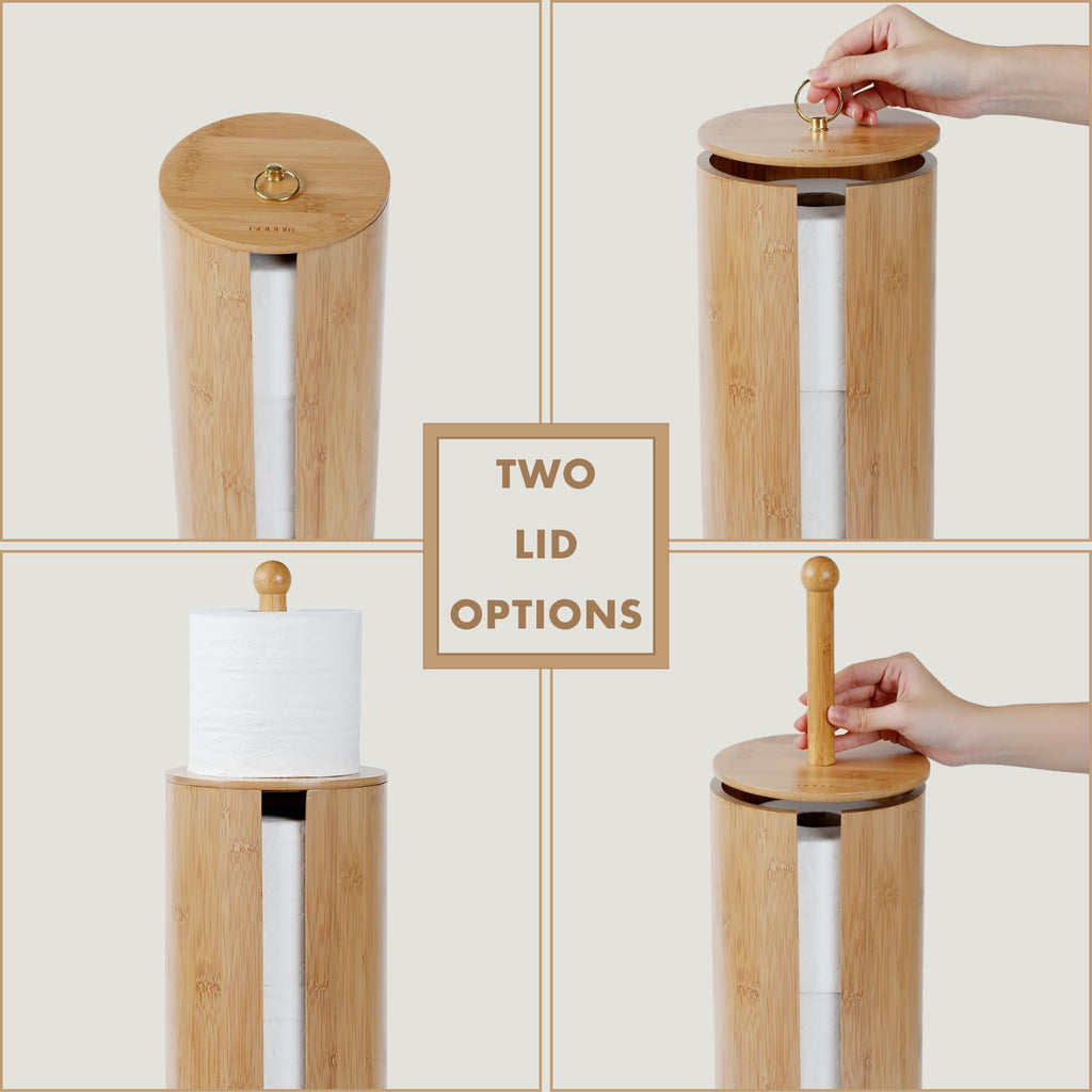 Gobam Bamboo Toilet Paper Storage with Dual-Use Lid, Freestanding Bathroom Tissue Organizer with Viewing Slot, Built-In Handle, Anti-Slip Base, Compact Toilet Paper Holder Stand for up to 3 Mega Rolls