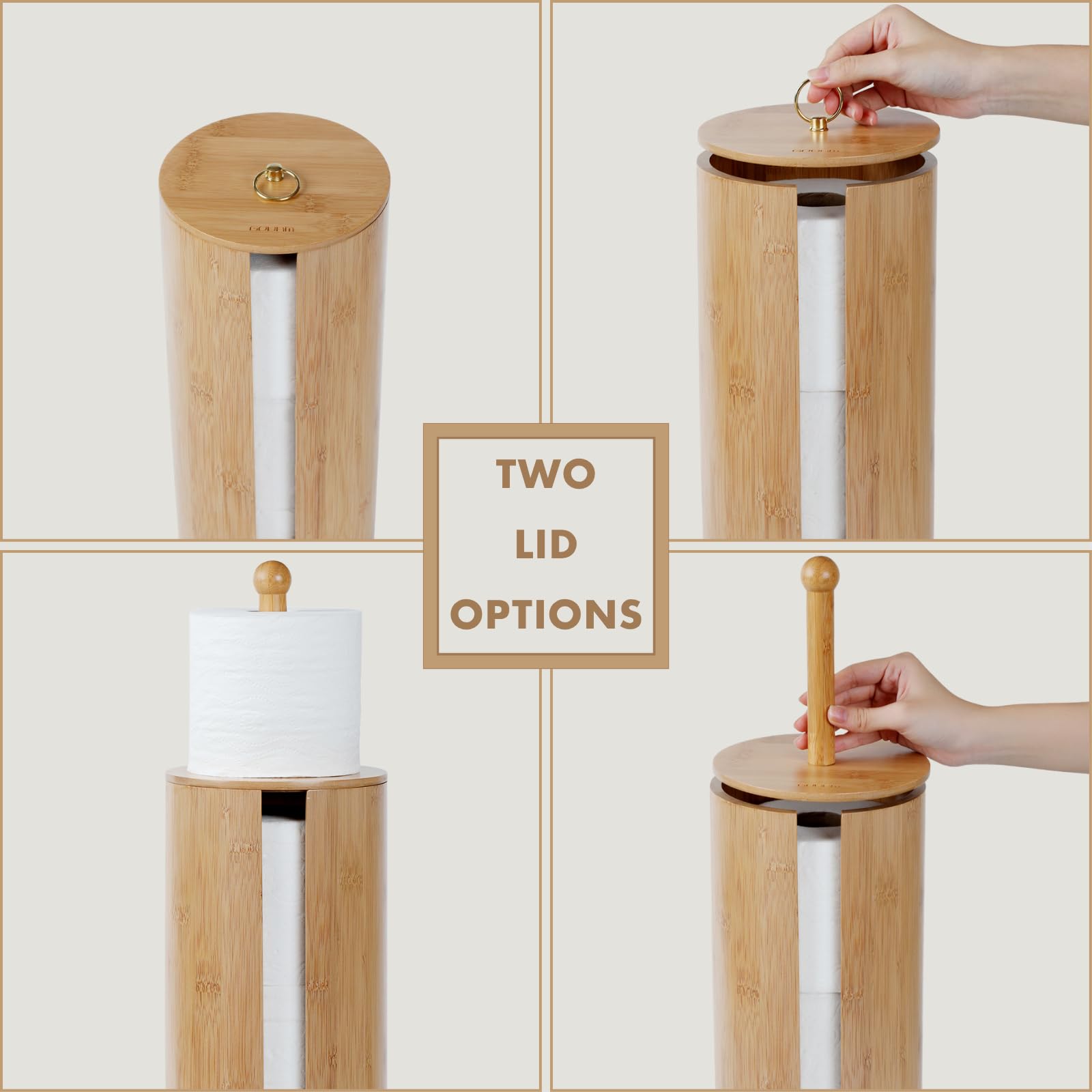 Gobam Bamboo Toilet Paper Storage with Dual-Use Lid, Freestanding Bathroom Tissue Organizer with Viewing Slot, Built-In Handle, Anti-Slip Base, Compact Toilet Paper Holder Stand for up to 3 Mega Rolls