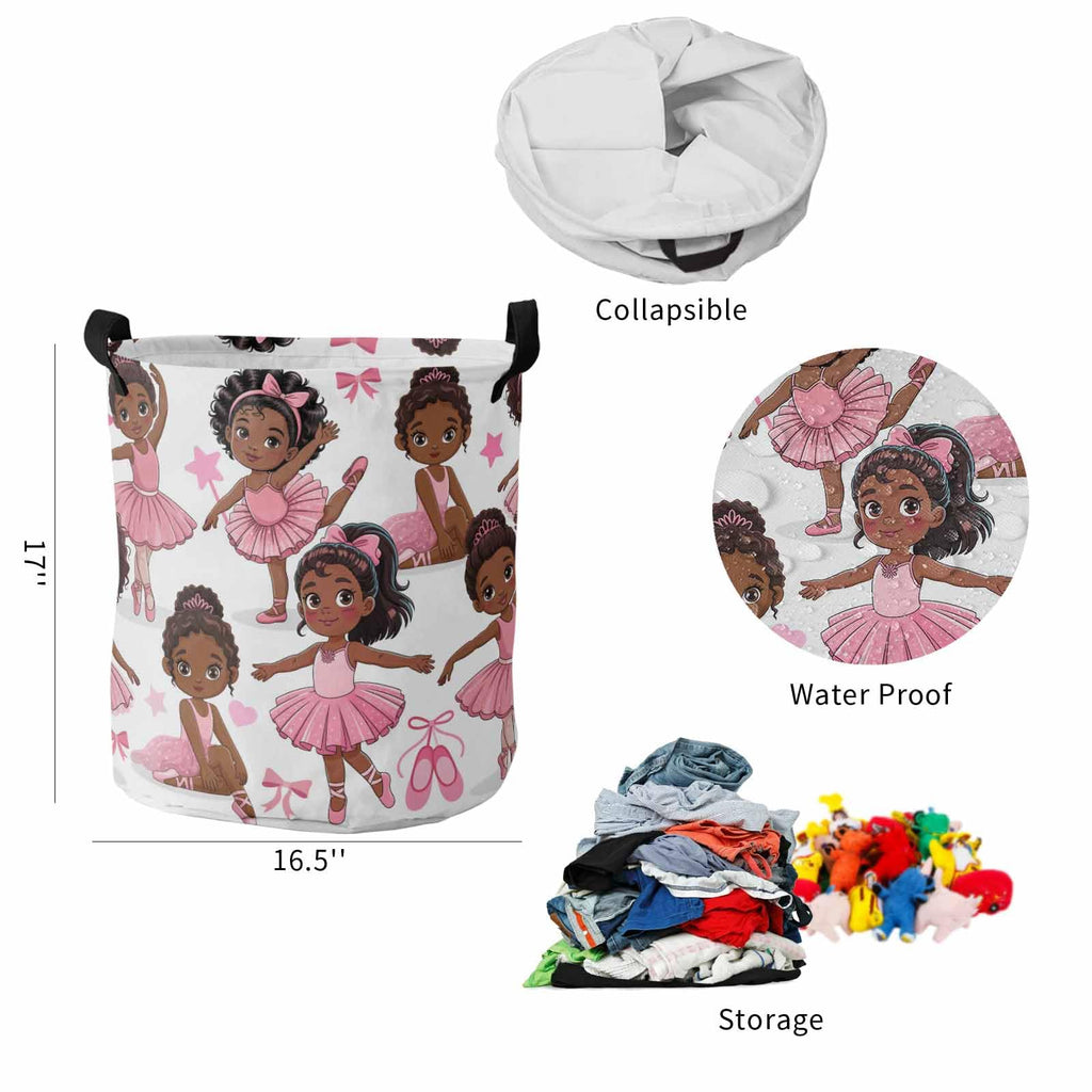 Laundry Basket African Black Girl Ballet Dance,Waterproof Collapsible Clothes Hamper Pink Skirt Star Bow,Large Storage Bag for Bedroom Bathroom