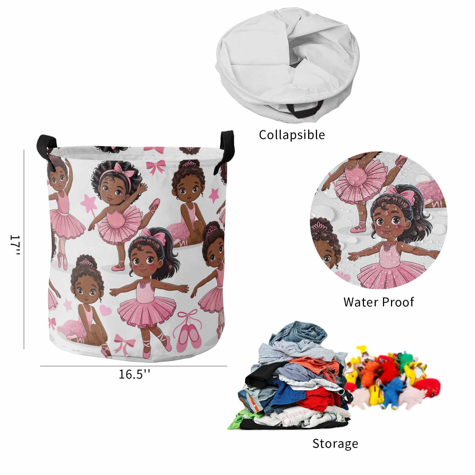 Laundry Basket African Black Girl Ballet Dance,Waterproof Collapsible Clothes Hamper Pink Skirt Star Bow,Large Storage Bag for Bedroom Bathroom