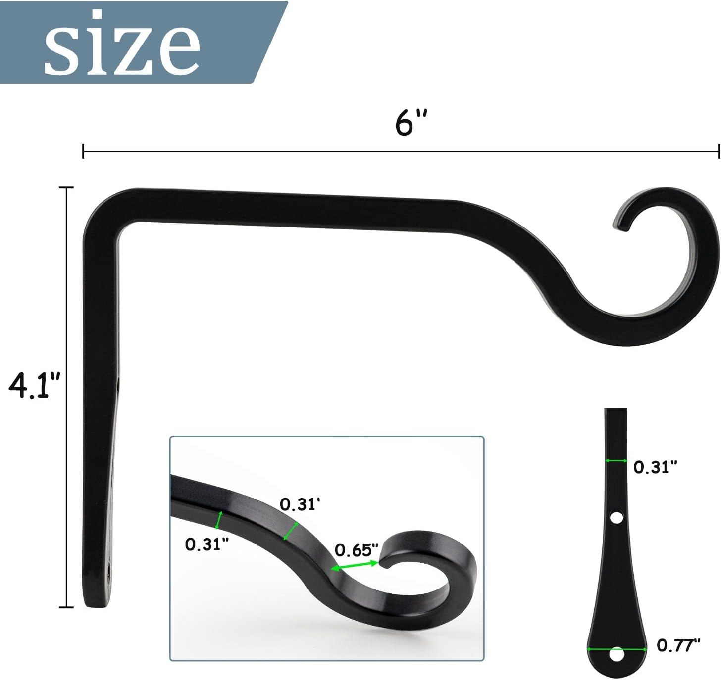 BOLITE Plant Hangers - 6 Inch Indoor/Outdoor Wall Hooks for Planters & Lanterns | 2 Pack, Black