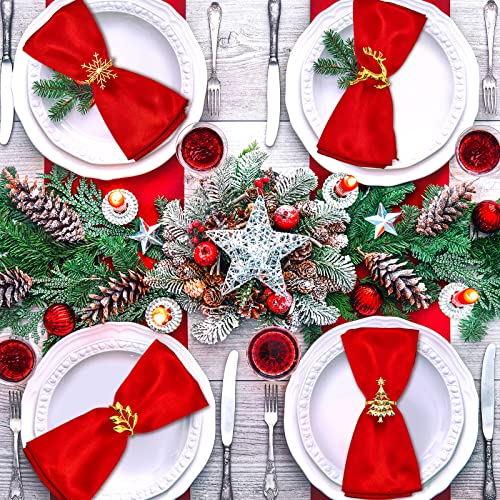 Christmas Cloth Napkins with Gold Elk & Snowflake Rings Set - Holiday Table Decor