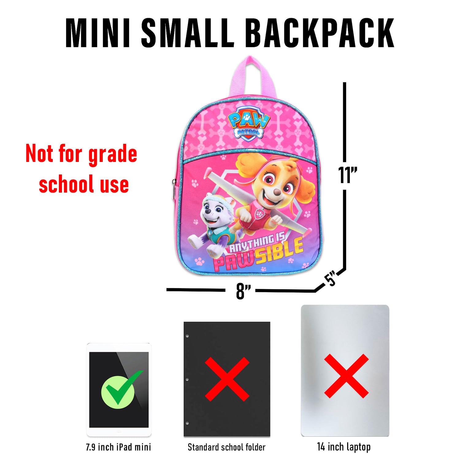 Paw Patrol Backpack for Girls ~ 3 Pc Bundle With Premium 11" Skye Mini School Bag for Toddlers with Stickers and Tattoos School Supplies