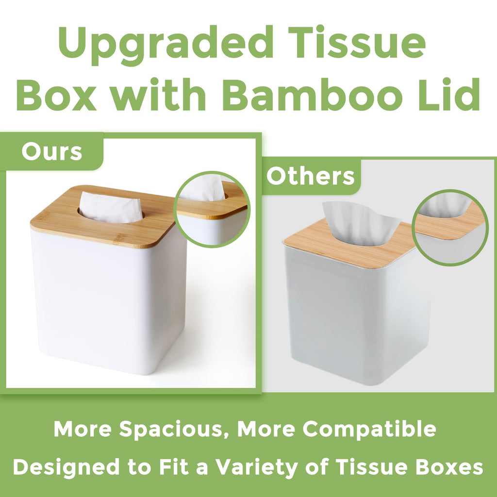 Tissue Box Cover Square, White Tissue Box Holder with Bamboo Cover Plate, Cube Tissue Box Cover for Desk Accessories, Tissue Holders Decorative Square Tissue Box Tissue Holders for Bathrooms Bedrooms