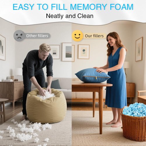 Hem Dgpsy Shredded Memory Foam Filling - Premium Soft Bean Bag Filler, 5lbs Blue & White Pillow Stuffing for Couch Cushion, Dog Bed, Chair - High Density, No Chemical Smell, Easy to Use