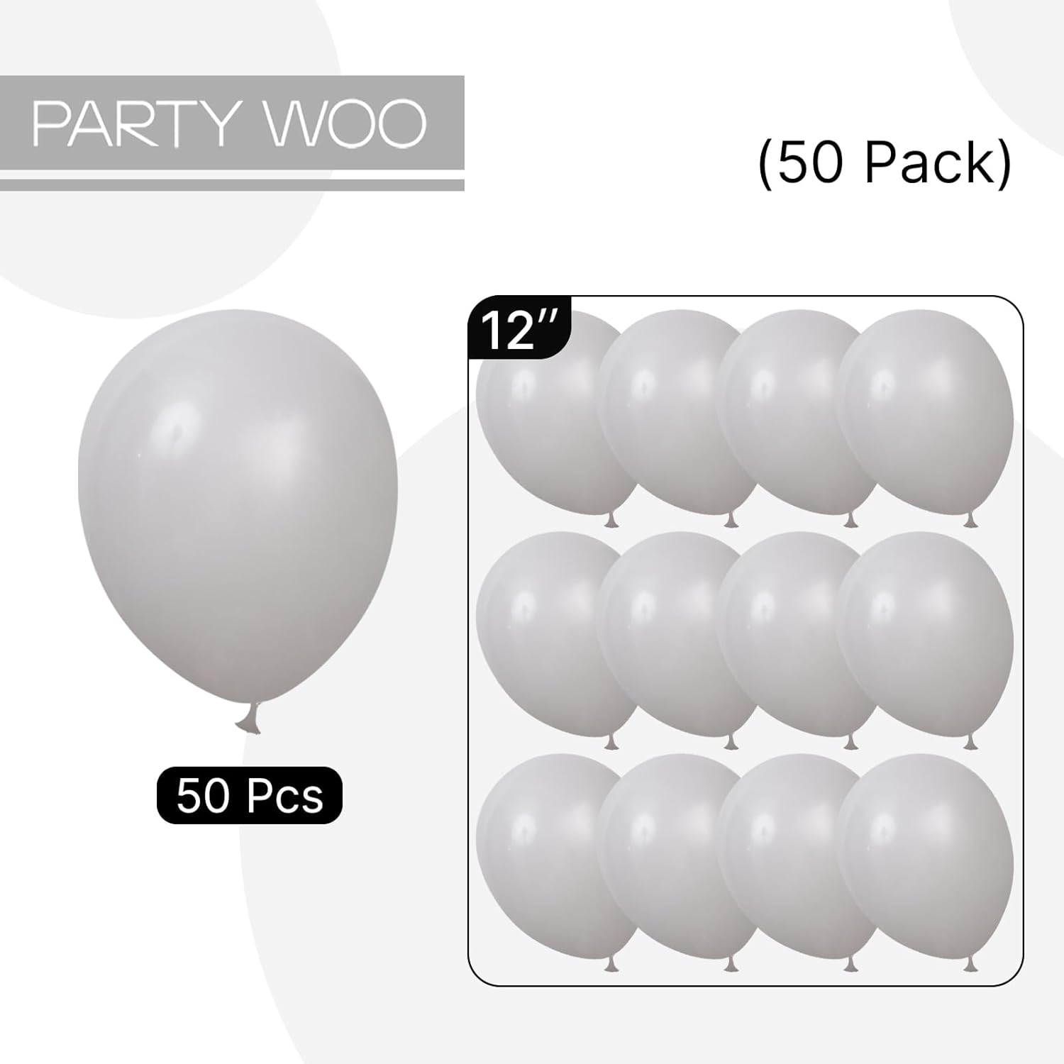 PartyWoo Gray Balloons - 50pcs 12-Inch Matte Gray Latex Helium Balloons for Celebrations