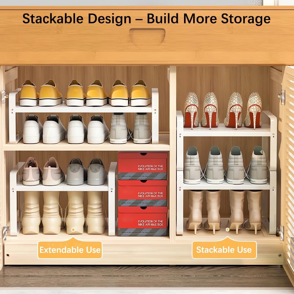 Skiennix Expandable Metal Shoe Rack - Heavy-Duty Free-Standing Shelf | Adjustable Width 14.9"–23.6" for Closets & Entryways