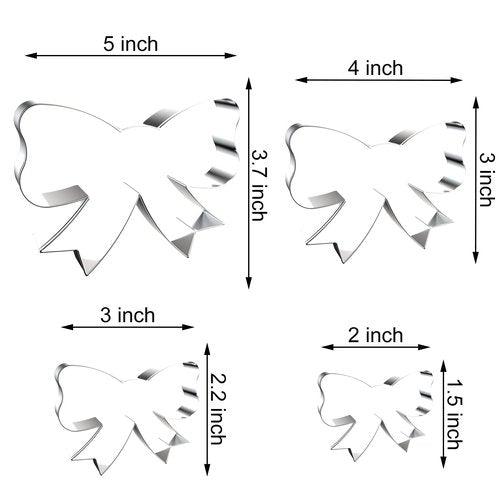 Bow Cookie Cutter Set - 5 inch, 4 inch, 3 inch, 2 inch - 4 Piece Ribbon Bow Tie Bowtie Bowknot Cookie Cutters Shapes Molds - Stainless Steel
