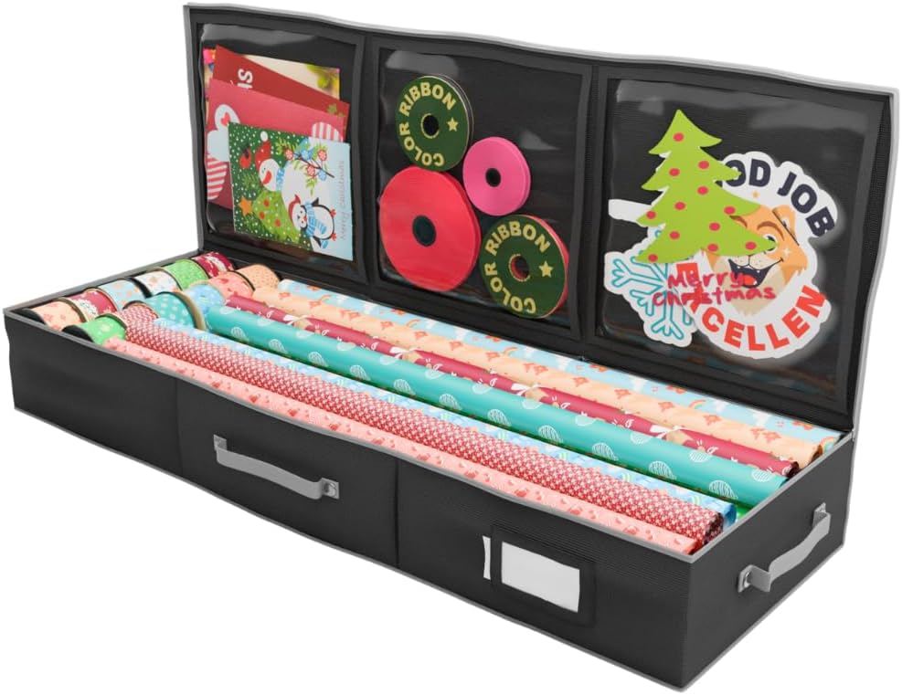 Primode Wrapping Paper Storage Container - Gift Wrap Organizer for Under Bed | 41”x14”x6” | Holds 18-24 Rolls Up to 40” | Durable 600D Oxford Material | Pockets for Ribbons and Bows (Black)